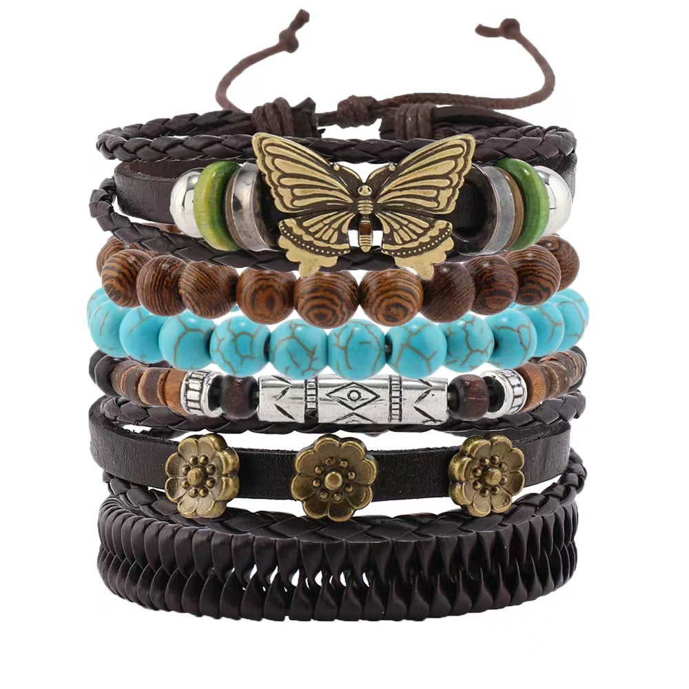 Wholesale Vintage Butterfly Flower Turquoise Leather Braided Set Leather Bracelet